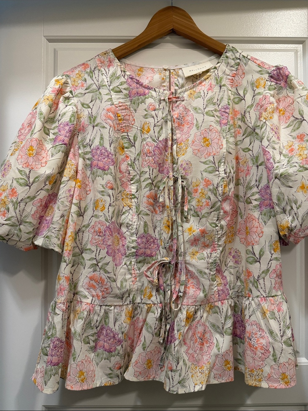 MELLODAY Floral Cream Blouse with Pink, Yellow & Green Print